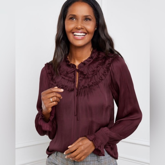 Talbots Tops - Talbots Top Burgundy Purple Satin Ruffle Neck Tie Front Blouse Long Sleeve SzXL
